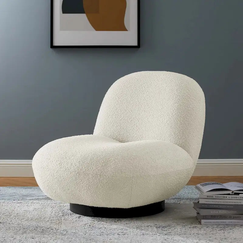 Fauteuil d'appoint pivotant en bouclette ivoire, silhouette bulle ronde sans accoudoirs, base noire mate