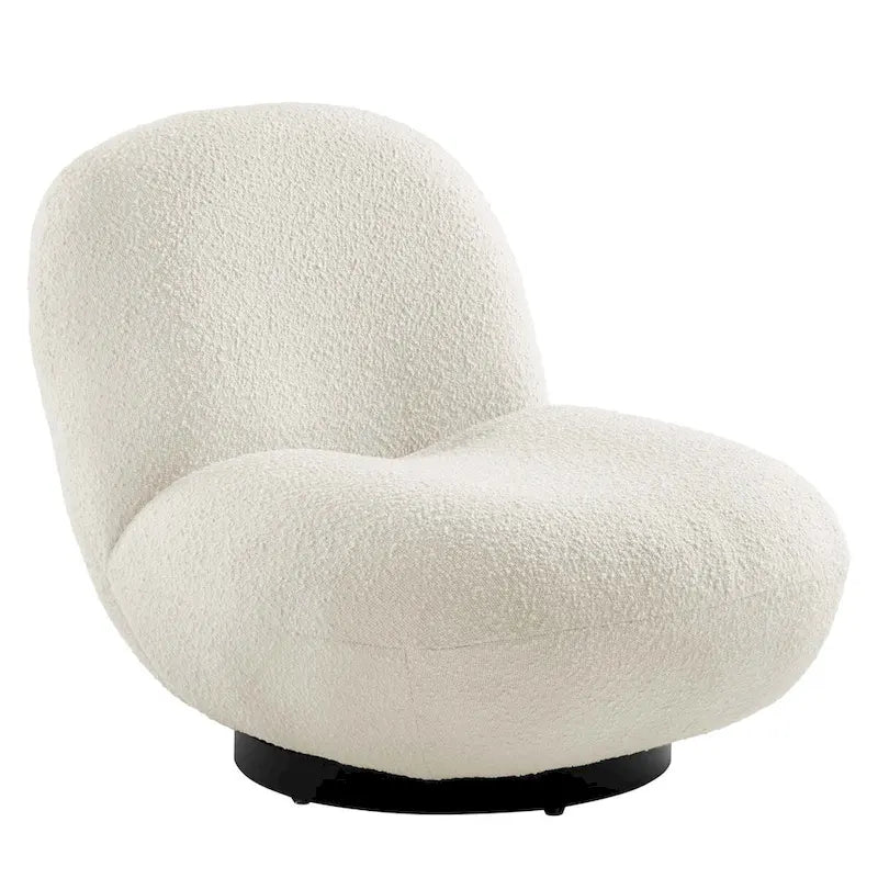Fauteuil d'appoint pivotant en bouclette ivoire, silhouette bulle ronde sans accoudoirs, base noire mate