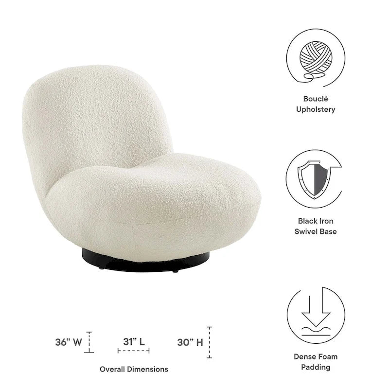 Fauteuil d'appoint pivotant en bouclette ivoire, silhouette bulle ronde sans accoudoirs, base noire mate
