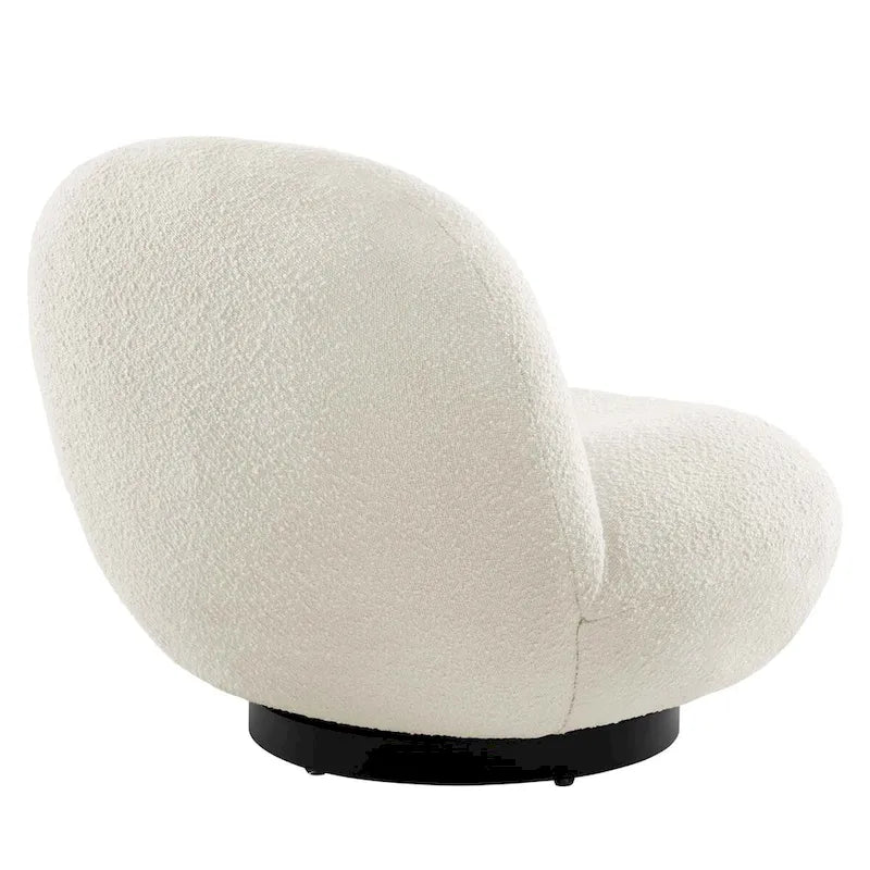 Fauteuil d'appoint pivotant en bouclette ivoire, silhouette bulle ronde sans accoudoirs, base noire mate