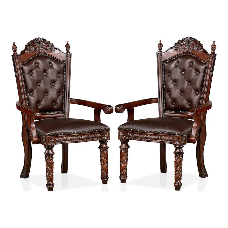 Fauteuil en bois sculpté traditionnel Marron Cerise avec revêtement en similicuir foncé capitonné