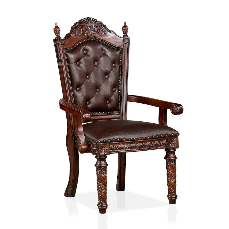 Fauteuil en bois sculpté traditionnel Marron Cerise avec revêtement en similicuir foncé capitonné