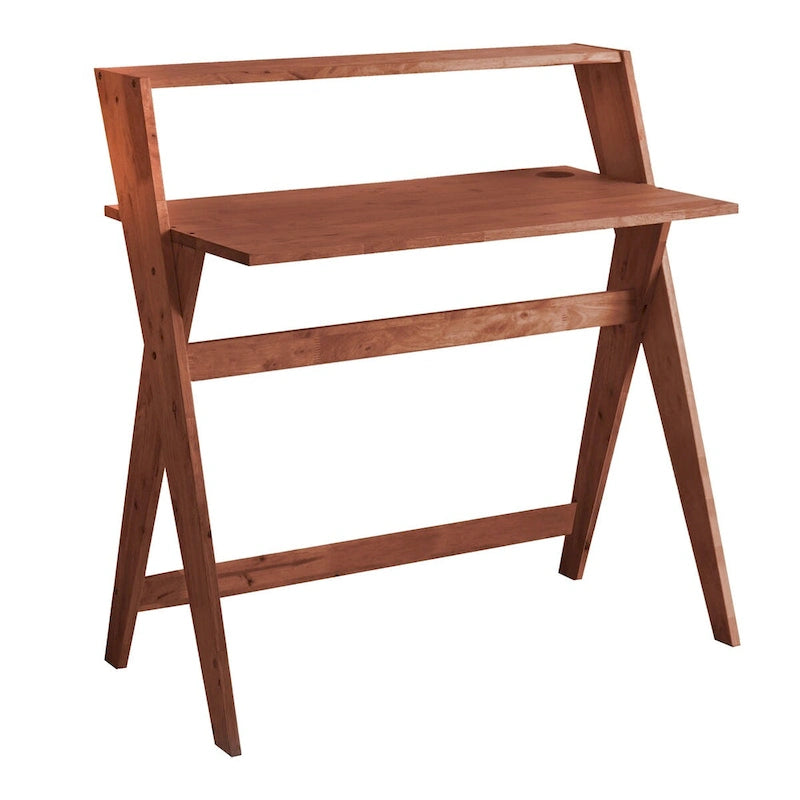 Bureau d'étude moderne du milieu du siècle en hévéa naturel avec pieds en X et étagère supérieure