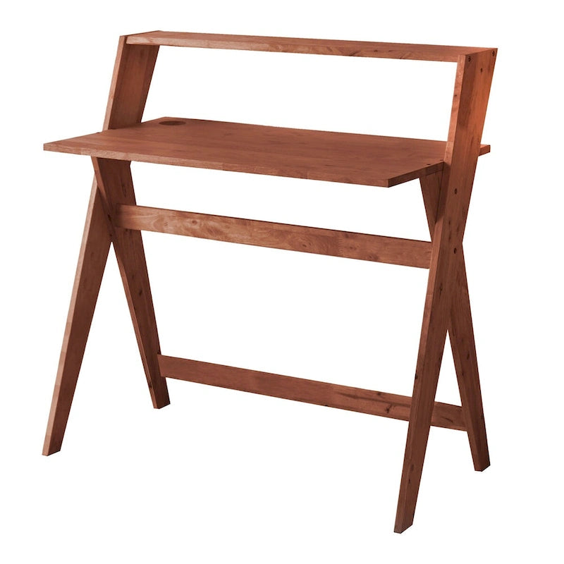Bureau d'étude moderne du milieu du siècle en hévéa naturel avec pieds en X et étagère supérieure