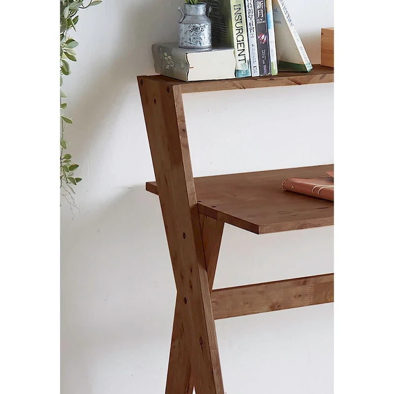 Bureau d'étude moderne du milieu du siècle en hévéa naturel avec pieds en X et étagère supérieure
