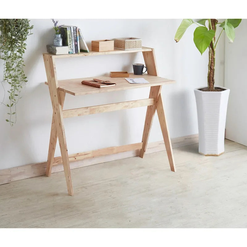 Bureau d'étude moderne du milieu du siècle en hévéa naturel avec pieds en X et étagère supérieure