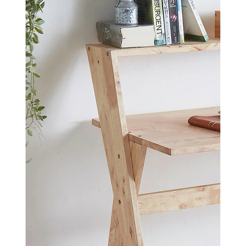 Bureau d'étude moderne du milieu du siècle en hévéa naturel avec pieds en X et étagère supérieure