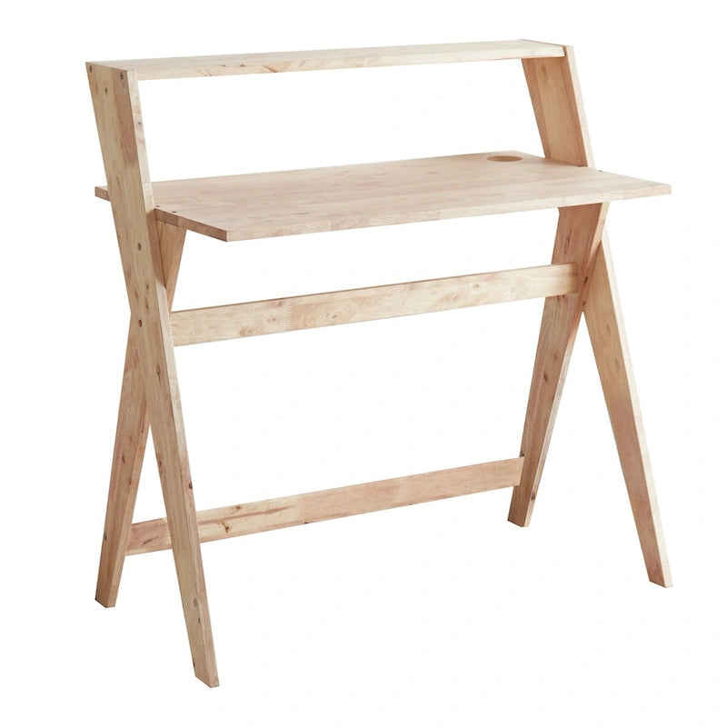 Bureau d'étude moderne du milieu du siècle en hévéa naturel avec pieds en X et étagère supérieure