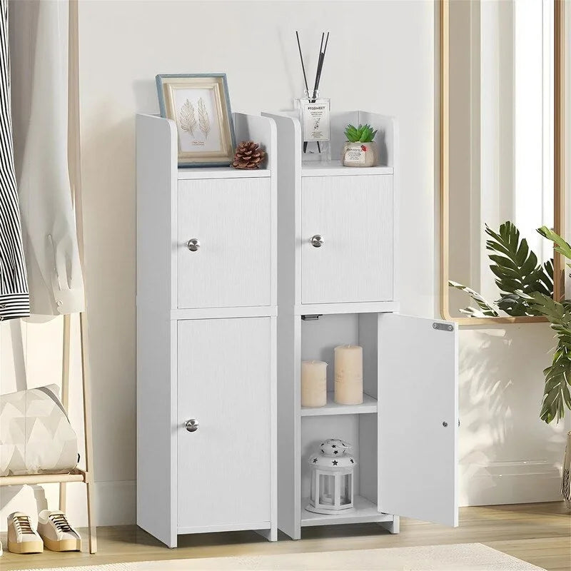 Meuble Colonne Salle de Bain Étroit Blanc 2 Portes Magnétiques Étagères Réglables Dessus Ouvert Anti-Basculement MDF