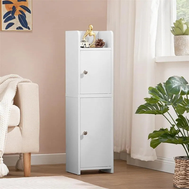 Meuble Colonne Salle de Bain Étroit Blanc 2 Portes Magnétiques Étagères Réglables Dessus Ouvert Anti-Basculement MDF