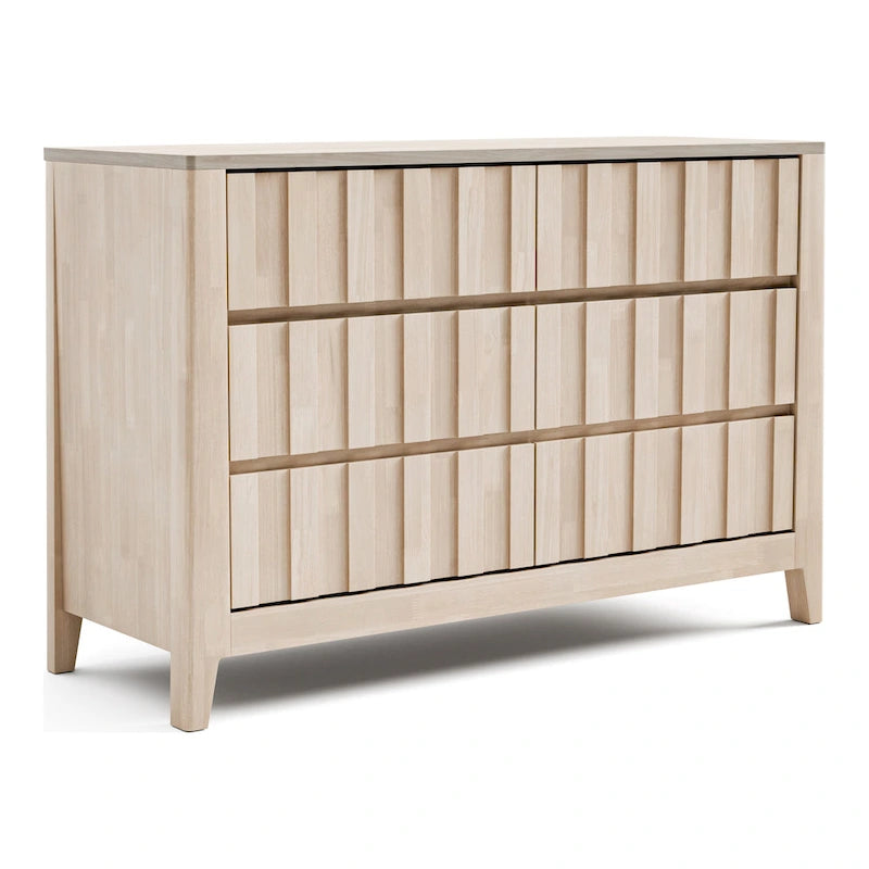 Commode double à 6 tiroirs en bois massif blanc lavé, tenon et mortaise, queue d'aronde, cannelures verticales, pieds évasés
