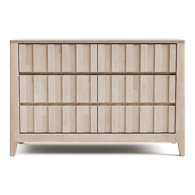 Commode double à 6 tiroirs en bois massif blanc lavé, tenon et mortaise, queue d'aronde, cannelures verticales, pieds évasés