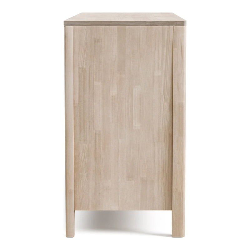 Commode double à 6 tiroirs en bois massif blanc lavé, tenon et mortaise, queue d'aronde, cannelures verticales, pieds évasés