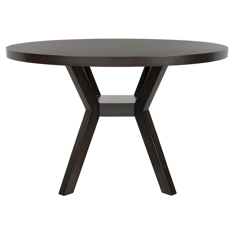 Table à manger ronde en bois charbon de bois base en V inclinée style bistrot français contemporain