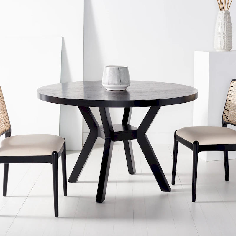 Table à manger ronde en bois charbon de bois base en V inclinée style bistrot français contemporain