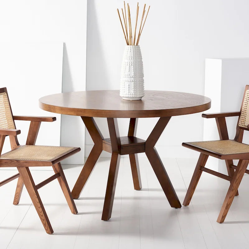 Table à manger ronde en bois charbon de bois base en V inclinée style bistrot français contemporain
