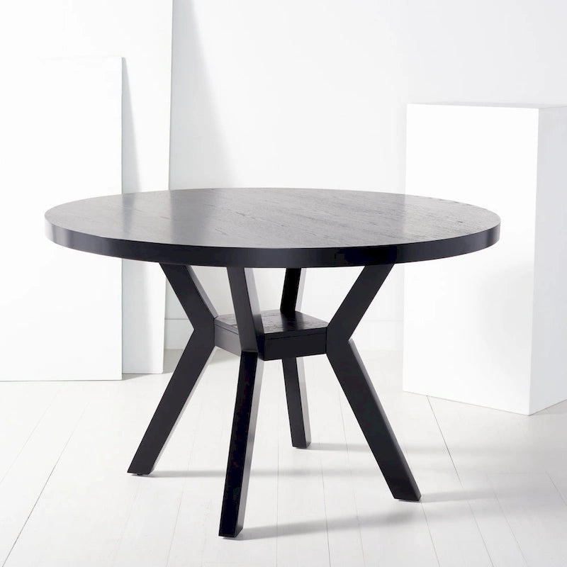 Table à manger ronde en bois charbon de bois base en V inclinée style bistrot français contemporain