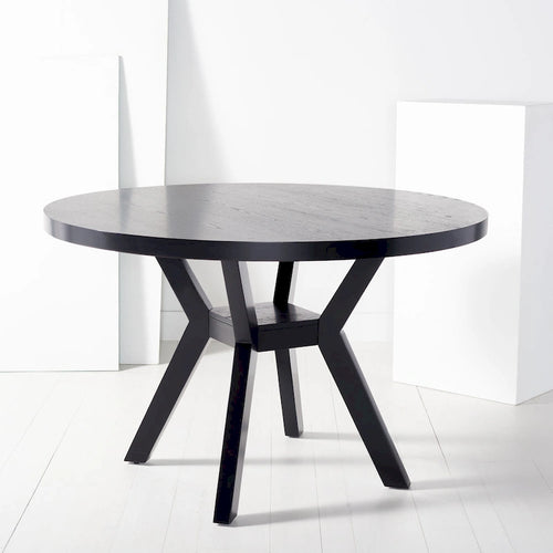 Table à manger ronde en bois charbon de bois base en V inclinée style bistrot français contemporain