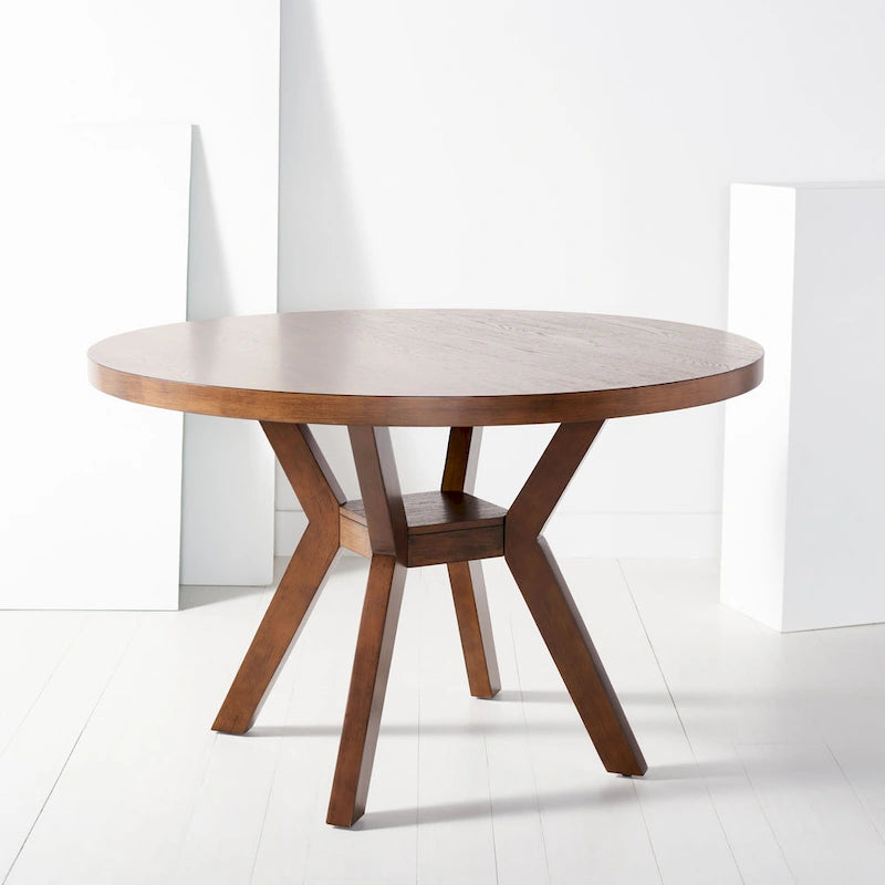 Table à manger ronde en bois charbon de bois base en V inclinée style bistrot français contemporain