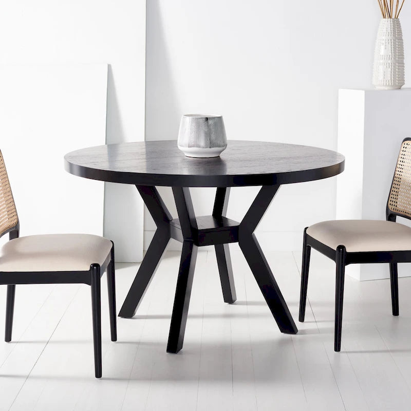 Table à manger ronde en bois charbon de bois base en V inclinée style bistrot français contemporain