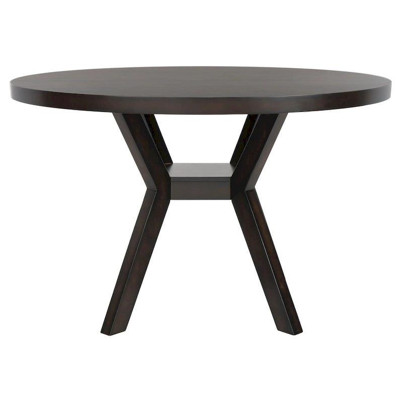 Table à manger ronde en bois charbon de bois base en V inclinée style bistrot français contemporain