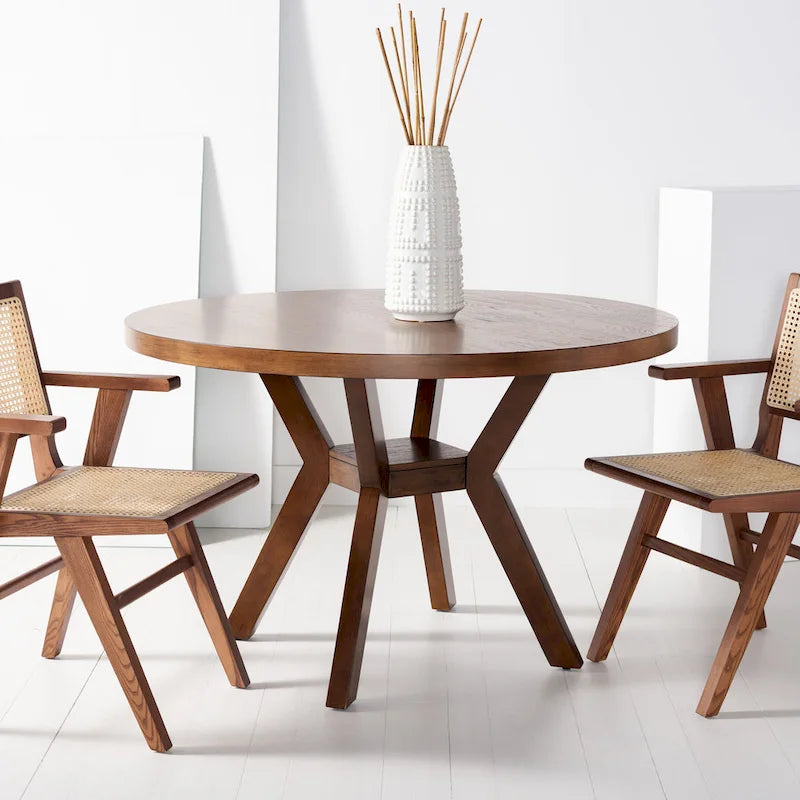 Table à manger ronde en bois charbon de bois base en V inclinée style bistrot français contemporain