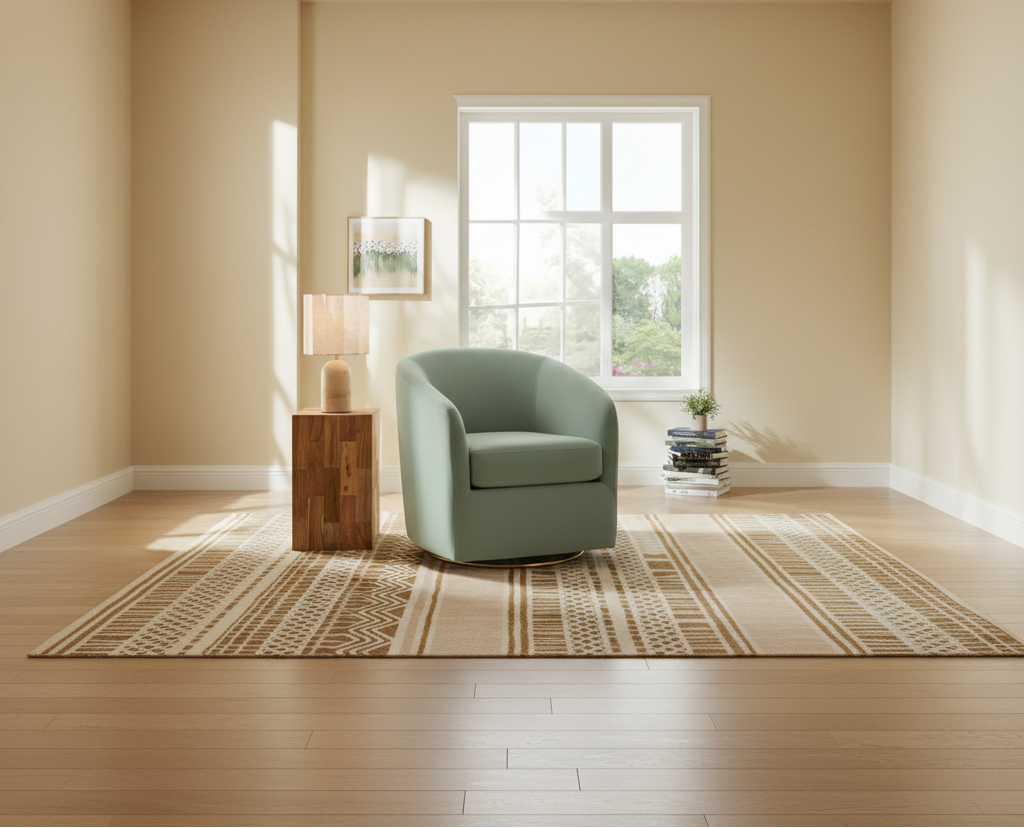 Sage Velvet Barrel Chair Full Room Wide Shot